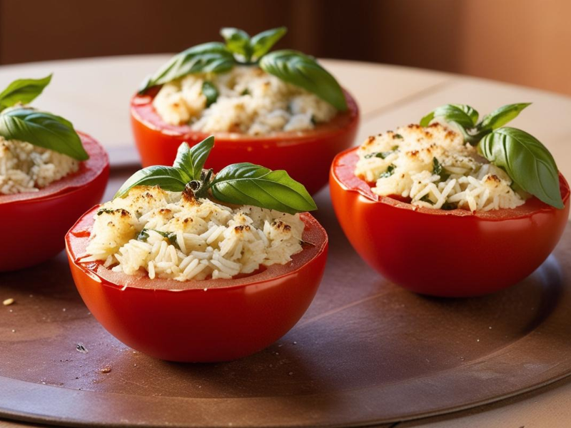 piatto fatto in casa con 4 pomodori ripieni di riso, cotti al forno e decorati con fogliolini di bas