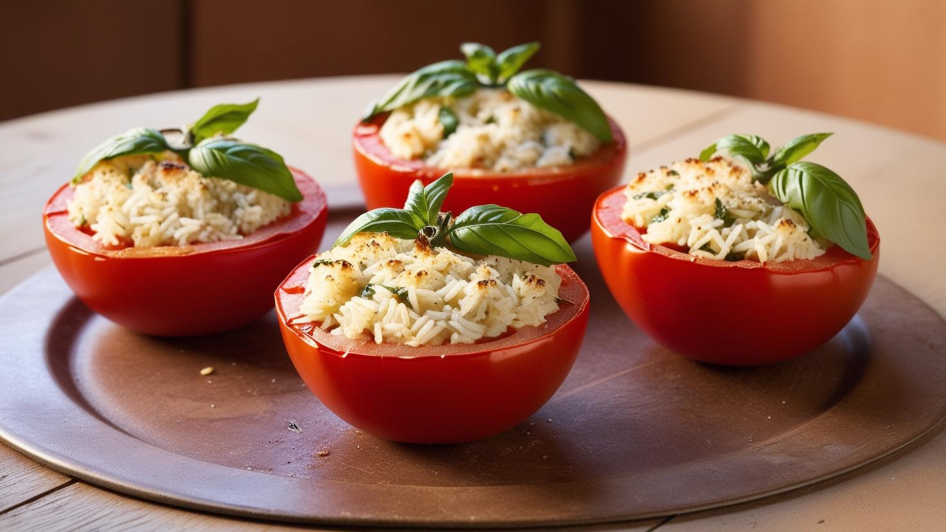 piatto fatto in casa con 4 pomodori ripieni di riso, cotti al forno e decorati con fogliolini di bas